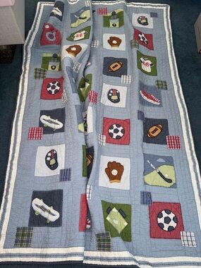 Pottery Barn Kids Sports Patchwork Quilt Twin Blue White
